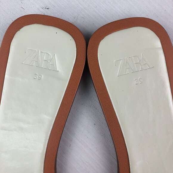 Zara Women's Size 39 Beige Patent Open Toe Square Toe Slip On Flats Sandals - Picture 10 of 11
